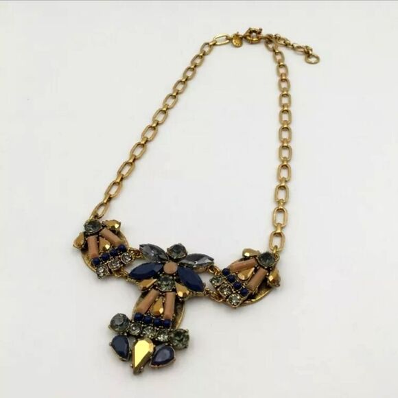 J.CREW GOLD TONE GREY CUT CRYSTAL BLUE LIGHT BROWN RESIN 17"-19" NECKLACE NWOT - Picture 1 of 3